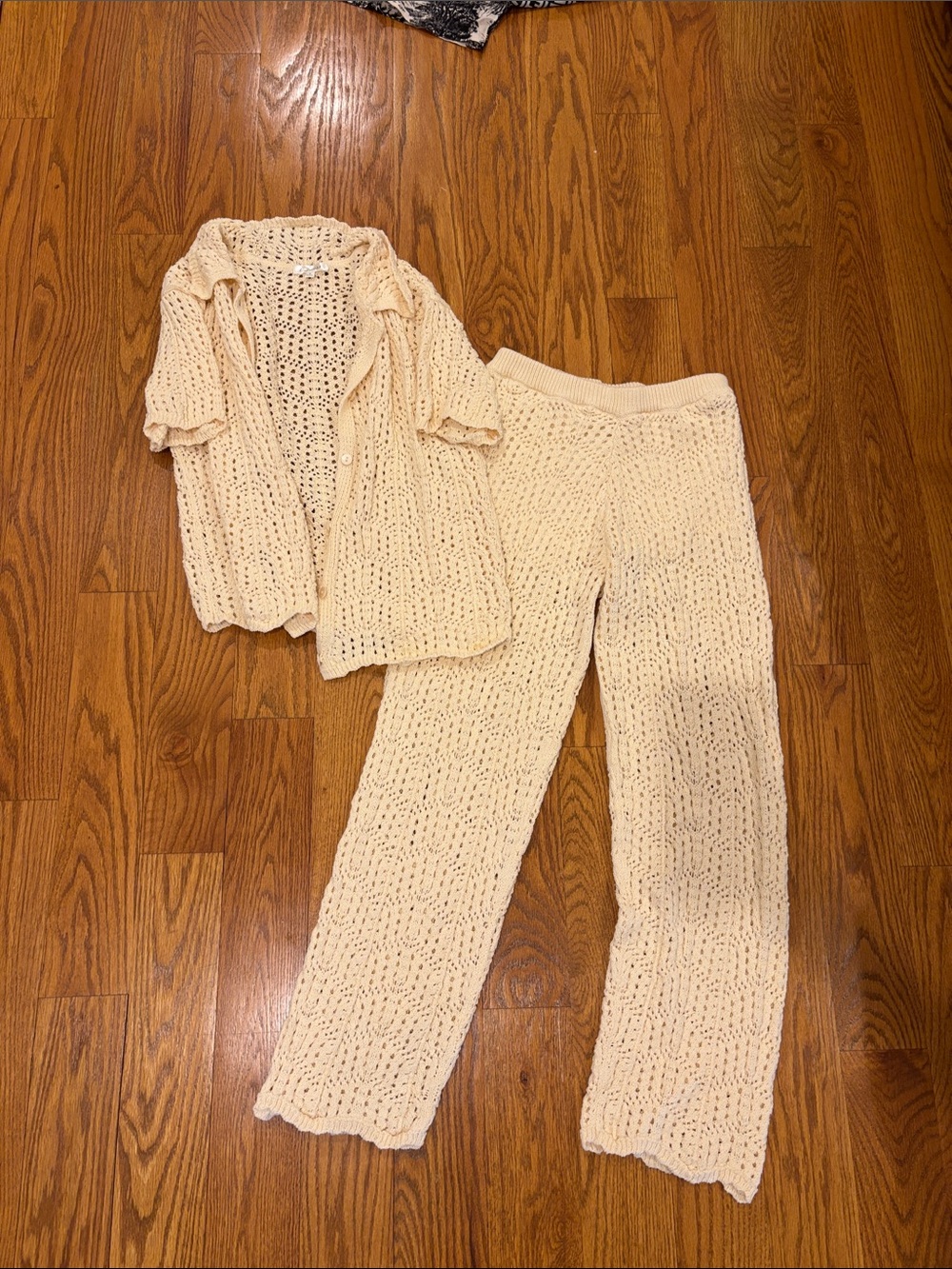 Line & Dot Cream Crochet Wide-Leg Knit Pants and shirt SET